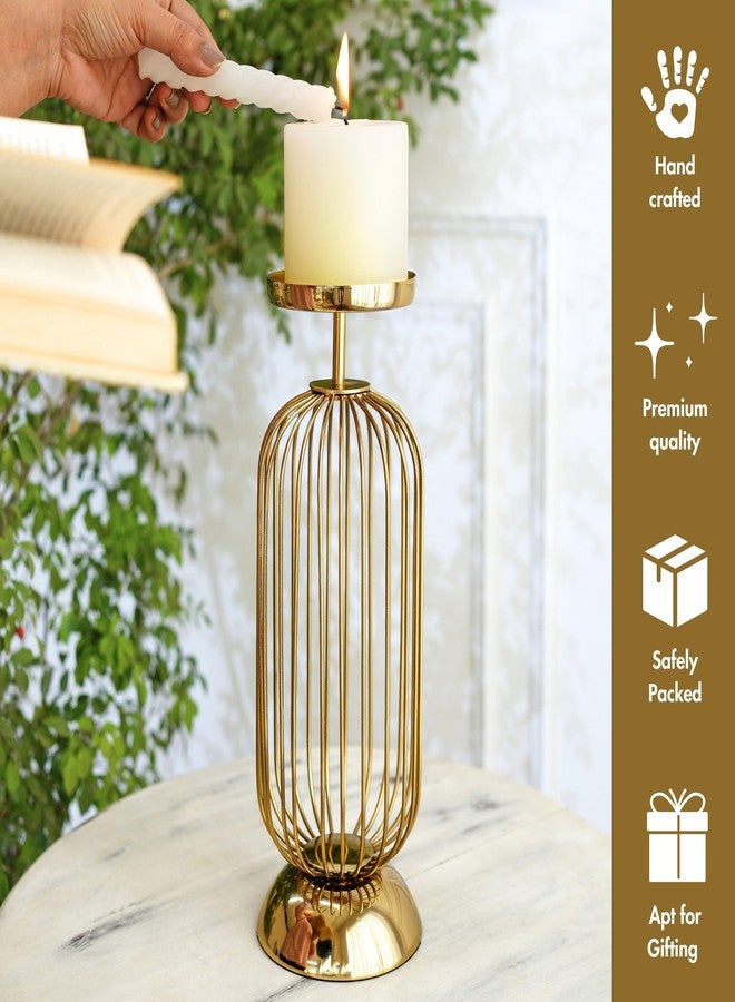 Behoma Metal Candle Holder Stand with Gold Finish | Decorative Pillar Candle Stand for Home, Living Room, Table Centerpiece, Modern Vintage Decor (12 Inch, Large, Candle is not Included) - Image 3